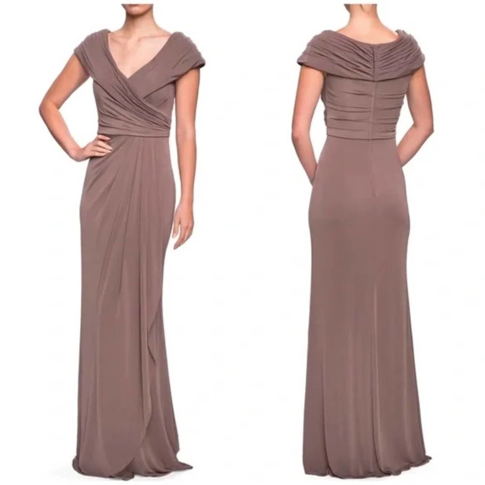 NEW La Femme Ruched Jersey Column Gown Sz 4 Cocoa
